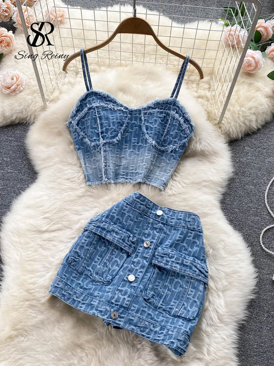 CITSLX Babyoung Women Summer Sexy Denim Set Strapless Sling Zipper Design Tops + Short Button Mini Skirt Short Jeans Two Piece Suits