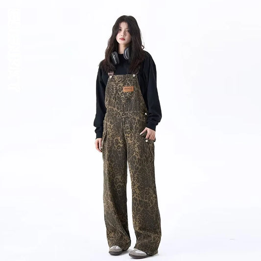 CITSLX Baggy Leopard Denim Jumpsuit Women American Retro Y2K Street Casual Straight Jeans Female Multi Pockets Wide Leg Strap Pants New