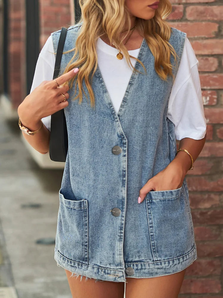 CITSLX Benuynffy Vintage Big V Neck Denim Vest Women Spring Summer Washed Casual Pockets Sleeveless Jeans Jackets Female Loose Outwear