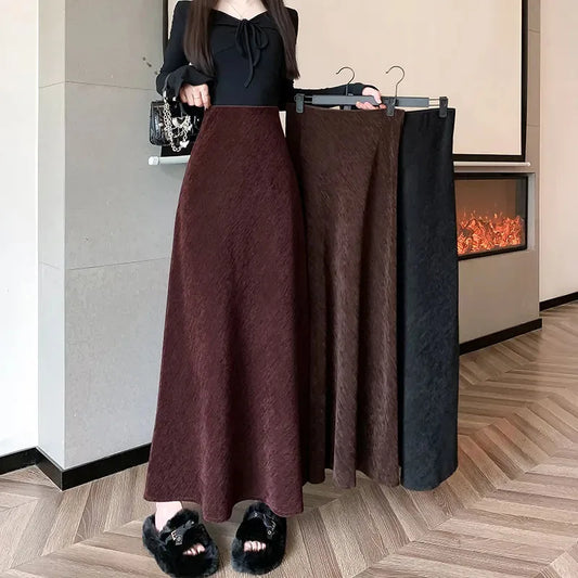 CITSLX Biyaby Bandage Plus Velvet Midi Skirts Women Winter New High Quality A-line Skirt Woman Vintage Solid High Waist Skirts Ladies