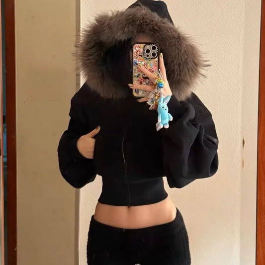 CITSLX Black Fur Collar Zipper Hooded Sweatshirt Fashion High Street Trendy Zipper Hooded Sweatshirt Korean Style Zip Hooded Sweatshirt