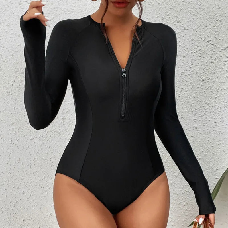 CITSLX Black One-Piece Swimsuits Closed Long Sleeve Swimwear For Sports Surfing Bodysuit Women Swim Bathing Suit Beachwear Pool Bather