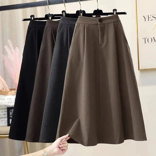 CITSLX Black Woolen Skirts Women Autumn Winter High Waist Elegant Hepburn Style Midi Skirts Female Korean Solid All-match A-line Skirts