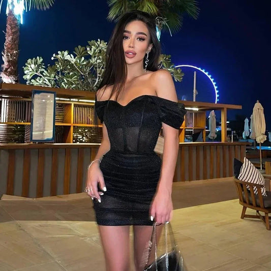 CITSLX Bling Glitter Women Short Sleeve Off Shoulder Corset Mini Dress Ruched Bodycon Sexy Party Elegant Festival 2024 Evening 294