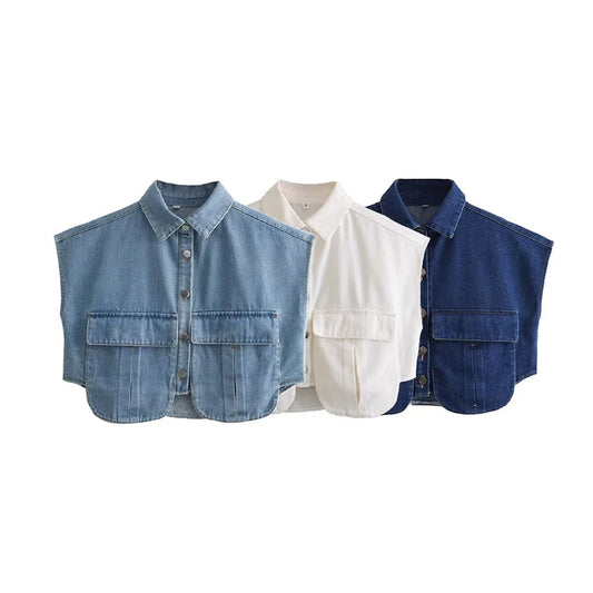 CITSLX Blouse Women Fashion with Pockets Cropped Denim Shirts Sexy Sleeveless Button-up Female Blouses Vintage Blusas Chic Tops