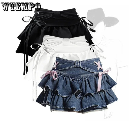 CITSLX Blue Denim Pleated Skirt Bow Fold Design Women's A-line Short Skirt Built in Shorts American Spicy Girl Korean Fashion Hotsweet