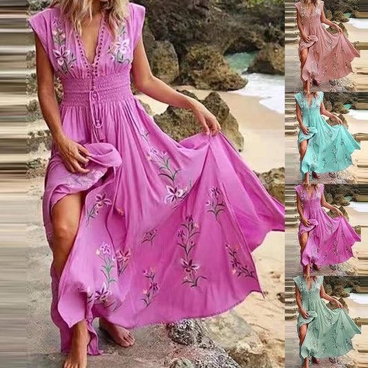 CITSLX Bohemian French Sexy V-neck Dress Women Print Flying Sleeve Midi Dress Elegant Casual Short Sleeve Holiday Beach Style Dresses