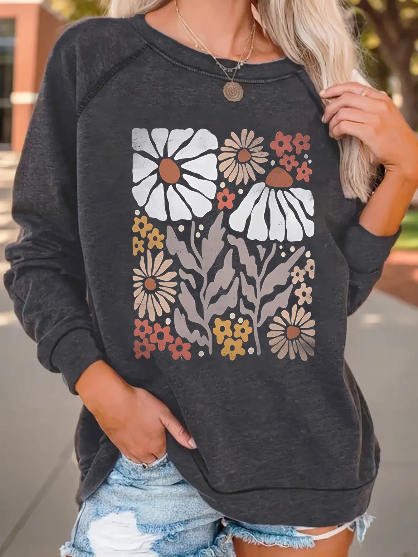 CITSLX Bohemian floral wildflower print sweatshirt crew neck casual sweatshirt Fall/Winter women's shoulder hoodie