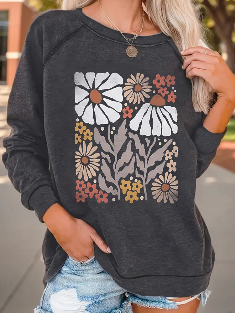 CITSLX Bohemian floral wildflower print sweatshirt crew neck casual sweatshirt Fall/Winter women's shoulder hoodie