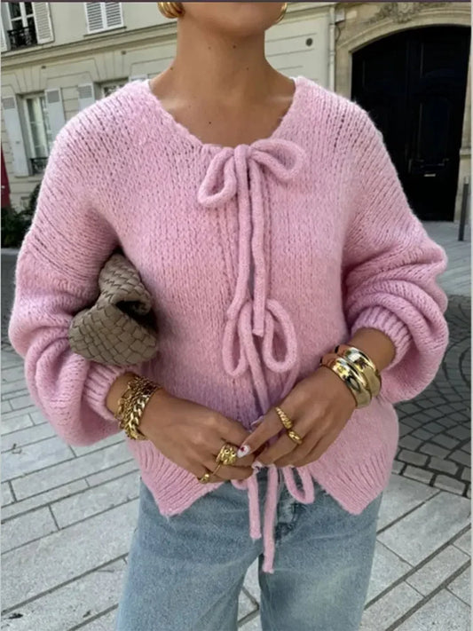 CITSLX Brown Lace Up Bow Knitted Cardigan Fashion Casual O-neck Long Sleeve Hollow Out Sweater 2024 Autumn Female High Street Knitwear