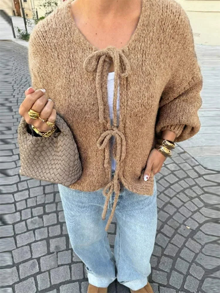 CITSLX Brown Lace Up Bow Knitted Cardigan Fashion Casual O-neck Long Sleeve Hollow Out Sweater 2024 Autumn Female High Street Knitwear