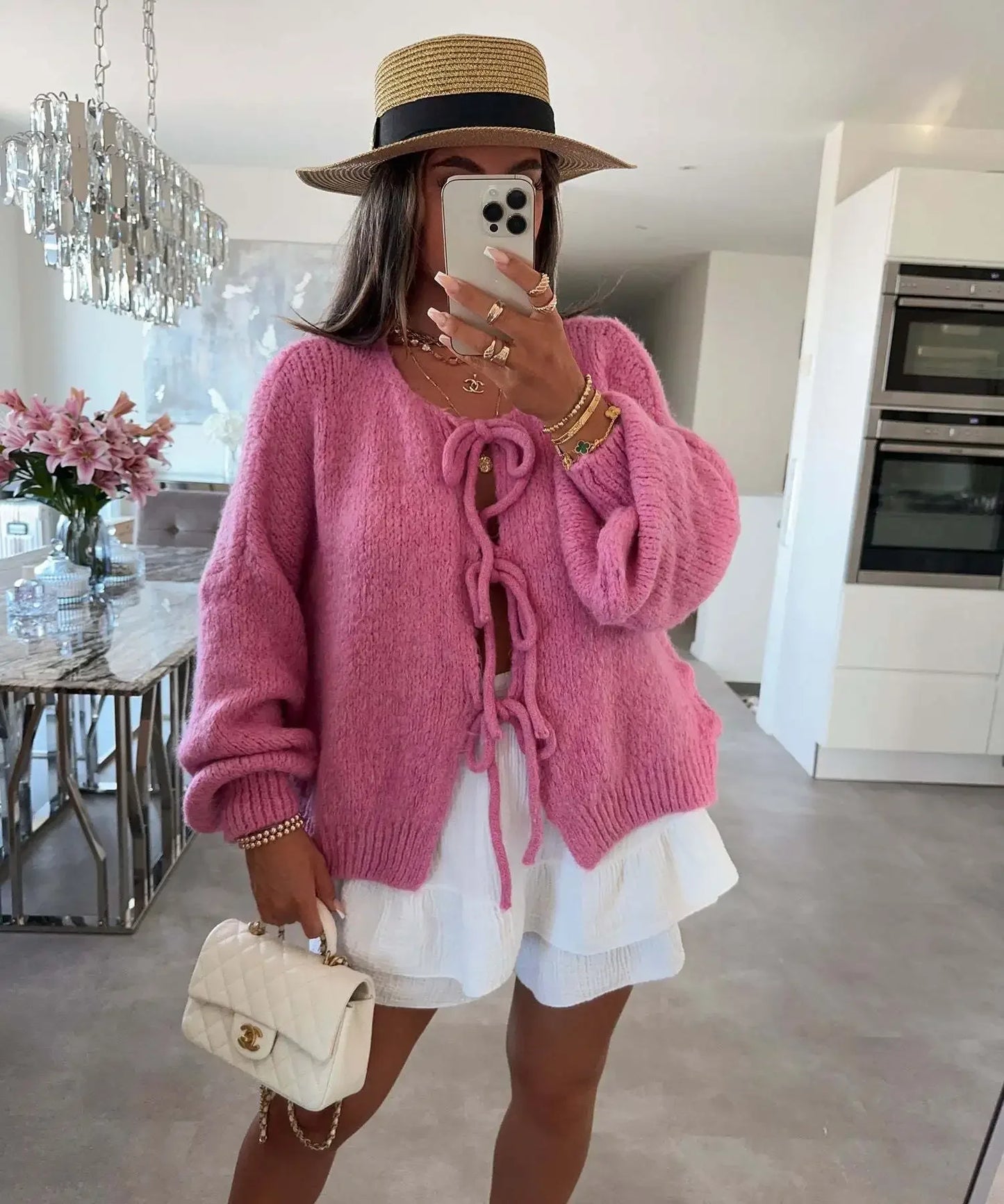 CITSLX Brown Lace Up Bow Knitted Cardigan Fashion Casual O-neck Long Sleeve Hollow Out Sweater 2024 Autumn Female High Street Knitwear