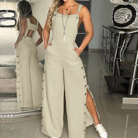 CITSLX Button Jumpsuit Spaghetti Long Camis Pocket Summer Vintage Loose Wide Leg Overall Jumpsuit Playsuits Pocket Bodysuits Women