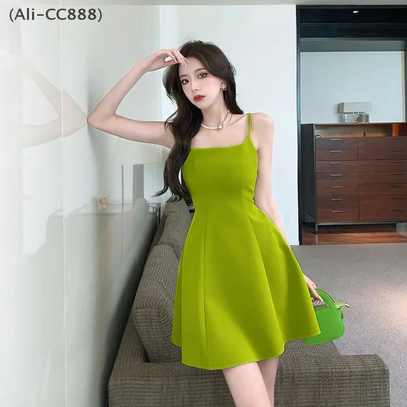 CITSLX 〔CC88〕French Fashion Strappy Halter Dress Temperament Solid Color Adjustable Shoulder Strap Square Collar A-line Dress