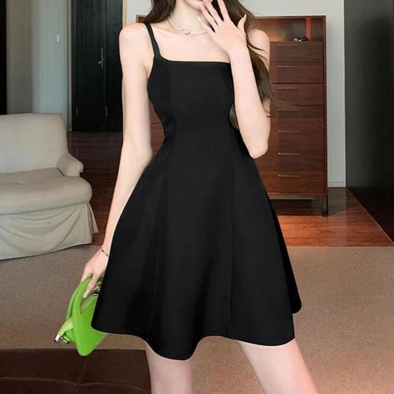 CITSLX 〔CC88〕French Fashion Strappy Halter Dress Temperament Solid Color Adjustable Shoulder Strap Square Collar A-line Dress