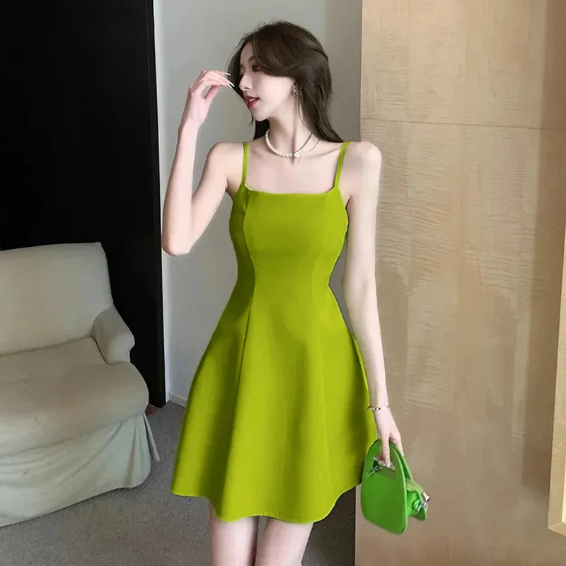 CITSLX 〔CC88〕French Fashion Strappy Halter Dress Temperament Solid Color Adjustable Shoulder Strap Square Collar A-line Dress