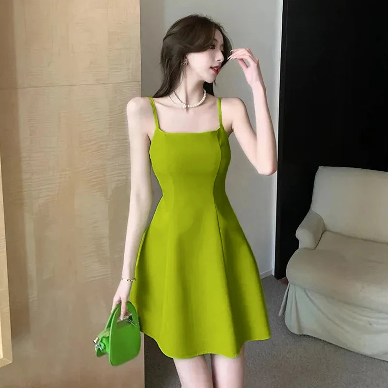 CITSLX 〔CC88〕French Fashion Strappy Halter Dress Temperament Solid Color Adjustable Shoulder Strap Square Collar A-line Dress