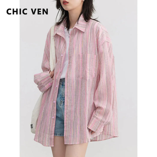 CITSLX CHIC VEN Fashion Women Shirt Loose Striped Pink Linen Blouses for Woman Long Sleeve Female Top Sunscreen Coat New 2024 Summer