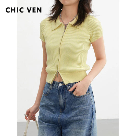 CITSLX CHIC VEN Women Cardigan Zipper Solid Female Sweaters Knitted T-shirts Short Sleeved Woman Jumpers 2024  Summer Pullovers