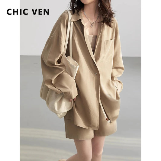 CITSLX CHIC VEN Women Shirts Solid Loose Casual Linen Shirt Female Blouse Drawstring Elastic High Waisted Shorts Spring Summer 2024