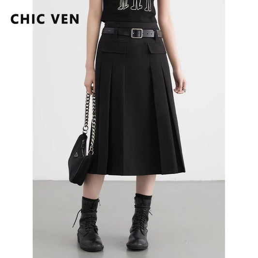 CITSLX CHIC VEN Women Skirts Black Loose New British H-shaped High Waisted Female Pleated Half A-line Long Skirt Spring Summer 2024