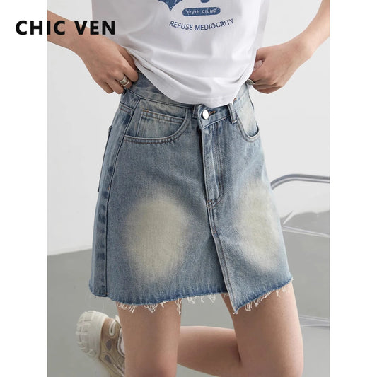 CITSLX CHIC VEN Women Skirts Streetwear Cotton Asymmetric Placket Raw Edge Denim Skirt Female A-line Short Skirt Spring Summer 2024