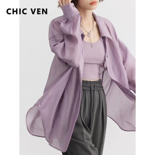 CITSLX CHIC VEN Women Thin Shirt Long Sleeve Casual Loose Slightly Transparent Cool Blouses Woman Solid Design Female Top Summer 2024