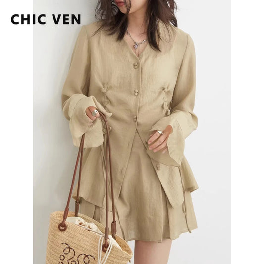 CITSLX CHIC VEN Women's Skirt Set Textured Lyocell Long Sleeve Thin Drawstring Female Shirt Short Ladies Skirts Set Summer 2024