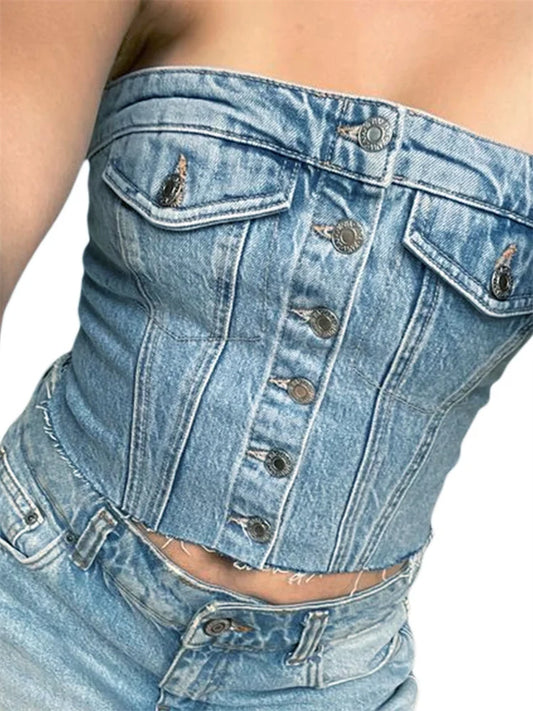 CITSLX CHRONSTYLE Women Sexy Tube Tops Sleeveless Buttons Up Bustiers Corsets Strapless Denim Off Shoulder Cropped Tank Mini Vest 2024