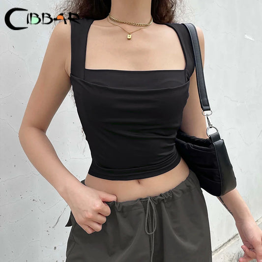 CITSLX CIBBAR Solid Elegant Square Collar Crop Top Women Sleeveless Skinny Tank Tops Basic Casual Ladies Vest Harajuku Y2k Vintage Tees