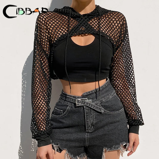 CITSLX CIBBAR Street Style Fishnet Holes T Shirt See Through Hollow Out Hooded Full Sleeve Crop Top Women Casual Loose Shirt Smock Fall