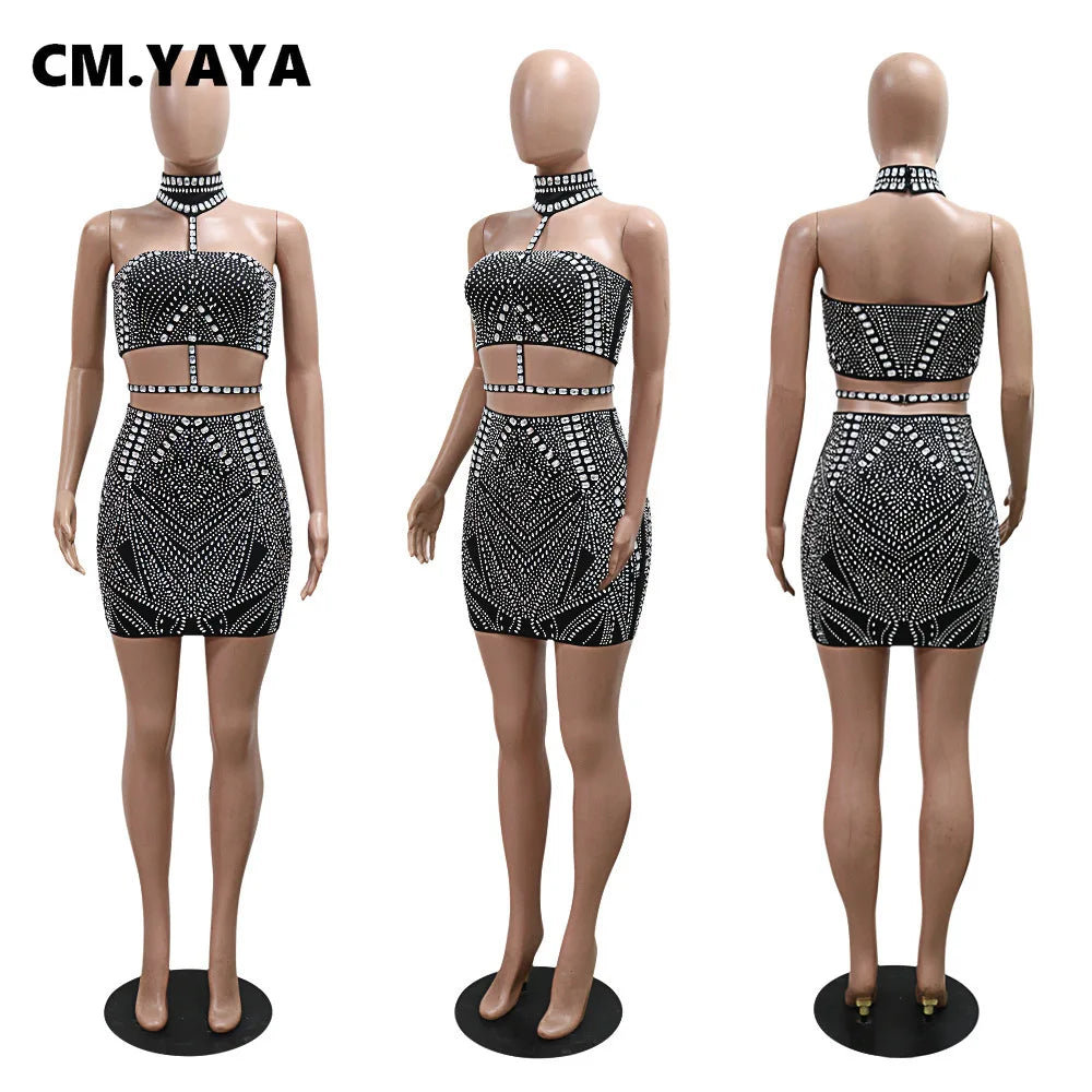 CITSLX CM.YAYA Women Set Choker Crop Top Strapless +Hot Rhinestones Sexy Mini Skirt Suit 2024 Two 2 Piece Set Party Club Night Outfits