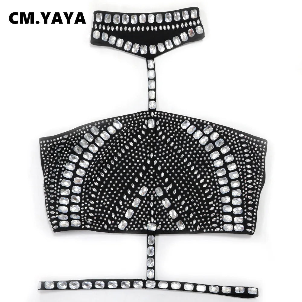 CITSLX CM.YAYA Women Set Choker Crop Top Strapless +Hot Rhinestones Sexy Mini Skirt Suit 2024 Two 2 Piece Set Party Club Night Outfits