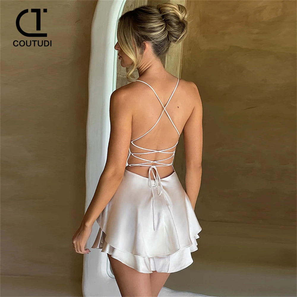 CITSLX COUTUDI 2024 New Fashion Backless Lace-up Sexy Dress Suspender Strap Slim Layered Women Evening Dress Party Mini Dress Vestidos