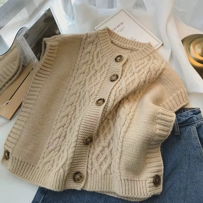 CITSLX Cable Knit Sweater Vest Cardigan for Women Cozy Button Up Sleeveless Crop Knit Top for Women Teen-girl Fall Winter Casual Outfit