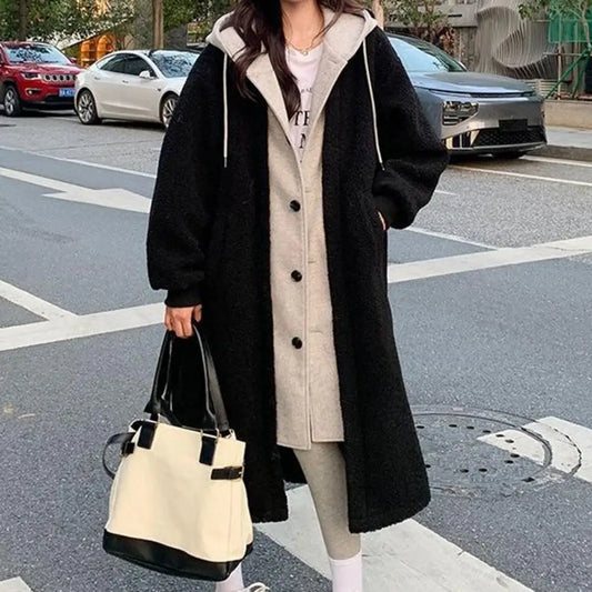 CITSLX Cardigan Jackets Women Hooded Coat Thick Fake Two Imitation Lambswool Overcoat Autumn Winter Chic Office Lady Outwear Coat