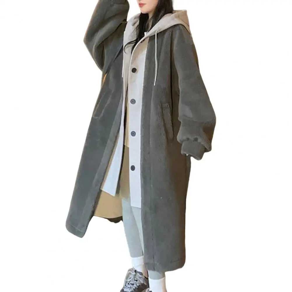 CITSLX Cardigan Jackets Women Hooded Coat Thick Fake Two Imitation Lambswool Overcoat Autumn Winter Chic Office Lady Outwear Coat