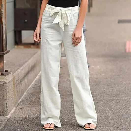 CITSLX Casual Cotton Linen Pants Women Loose Solid Color Lace Up Elastic Waist Wide Leg Trousers Famale Streetwear Straight Sweatpants