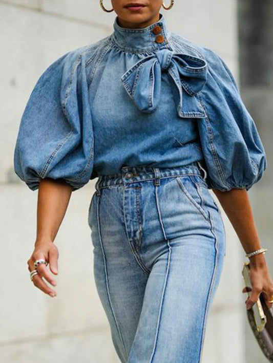 CITSLX Casual Denim Shirt Women's Versatile Basic Loose Blouse Stand Collar Lantern Sleeve Female Bow Decor Lace-up Tops Spring Autumn