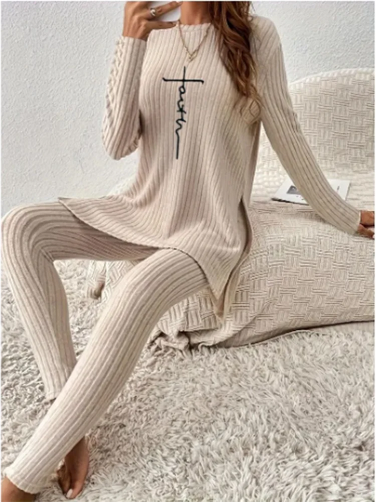 CITSLX Casual Knitted Suit Sports Women Solid Color Long Sleeved Slit Top Slim Fit Pants Women's Autumn Set