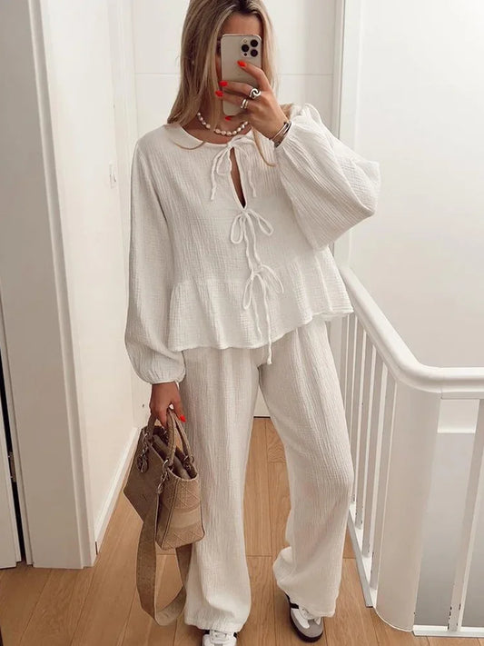 CITSLX Casual Lace Up Shirts 2 Piece Pants Sets Women White O-neck Long Sleeve Loose Blouses Elastic High Waist Trousers Lady Outfits