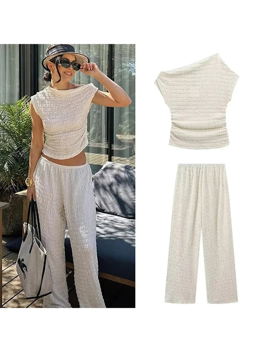 CITSLX Casual Long Pants Suit Women Loose Solid Elastic Sleeveless Irregular Sets Female Fashion High Waist Puffy Set 2 Pieces Lady