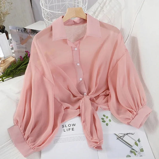 CITSLX Casual Loose Hollow White Clothes Elegant Solid Color Tied Waist Blouse Women Summer Bat Half Sleeve Button Chiffon Shirt 9776