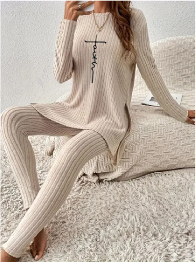 CITSLX Casual Solid Color Winter Knitted Suit Women Two-Piece Long Sleeve Split Top Slim Fit Pants Autumn Fashion Set