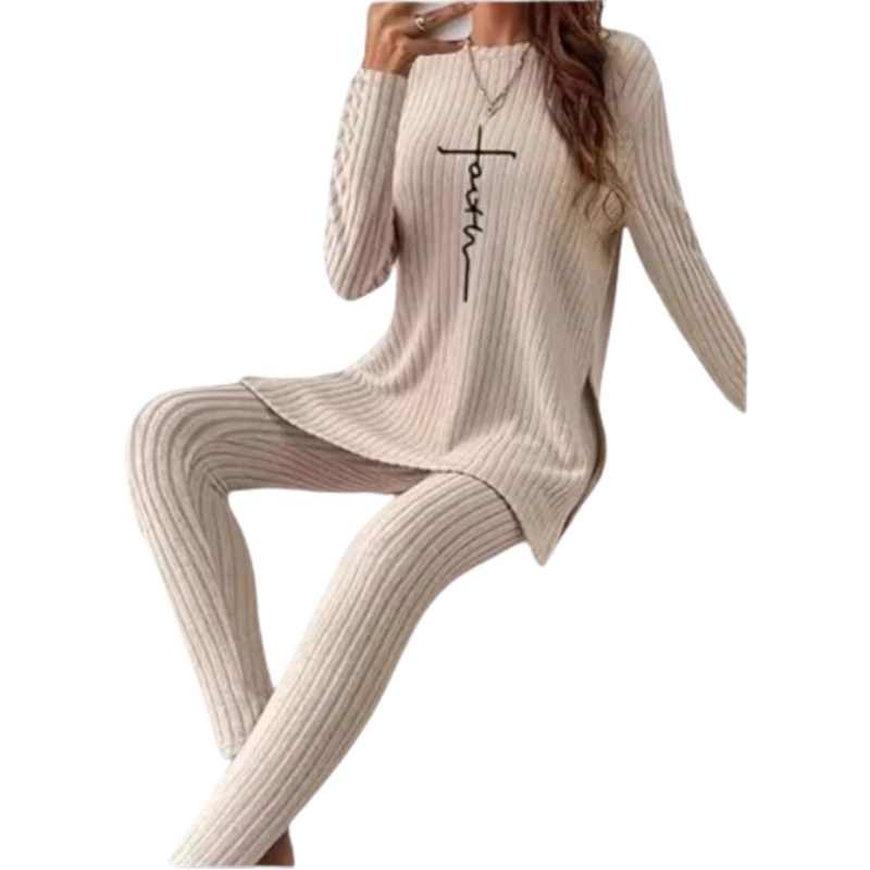 CITSLX Casual Solid Color Winter Knitted Suit Women Two-Piece Long Sleeve Split Top Slim Fit Pants Autumn Fashion Set