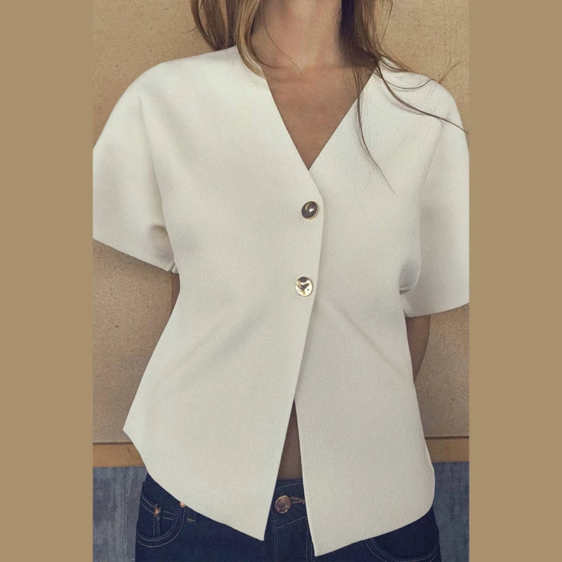 CITSLX Casual Solid Knit Top Women Short Sleeve V-neck Two Buttons Slim Elegant Vest 2024 Summer Autumn Female White All-match Knitwear