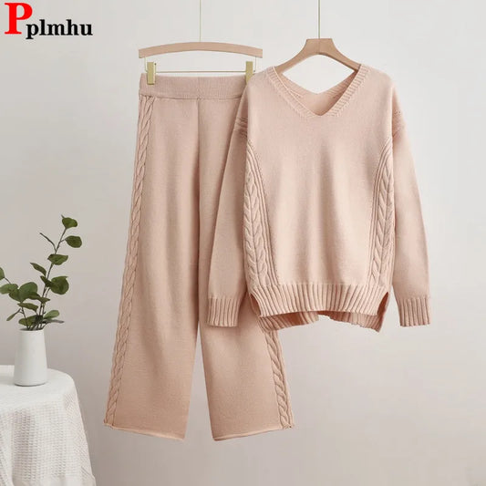 CITSLX Casual Solid Knitted 2 Piece Sets Women V-neck Long Sleeve Sweater Pullover Tops Conjuntos High Waist Wide Leg Pants Outfit New