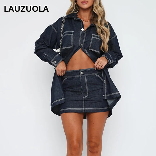 CITSLX Casual Vintage Denim Shirt Skirts Suit Outfits 2024 New Fashion 2 Piece Women Long Shirts And Mini Skirt Matching Set