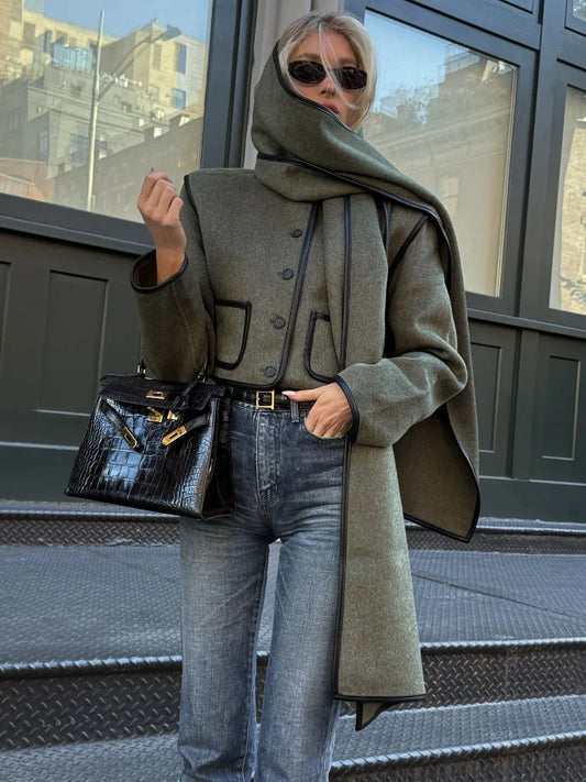 CITSLX Chic Grey Green Scarf Collar Single Breasted Short Jacket Woman Contrasting Edge Pocket Coat New Fall Winter Street Outerwear