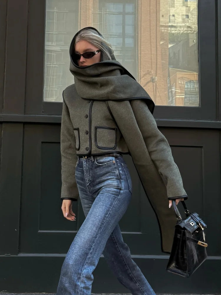 CITSLX Chic Grey Green Scarf Collar Single Breasted Short Jacket Woman Contrasting Edge Pocket Coat New Fall Winter Street Outerwear